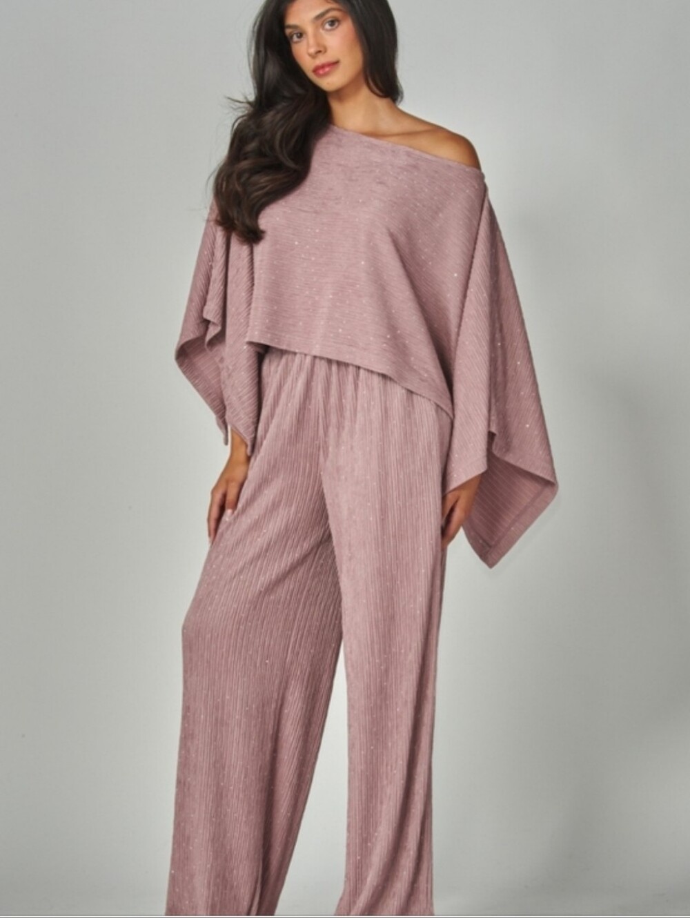 Wide-Leg Pleated Jumpsuit Set in Dusty Rose